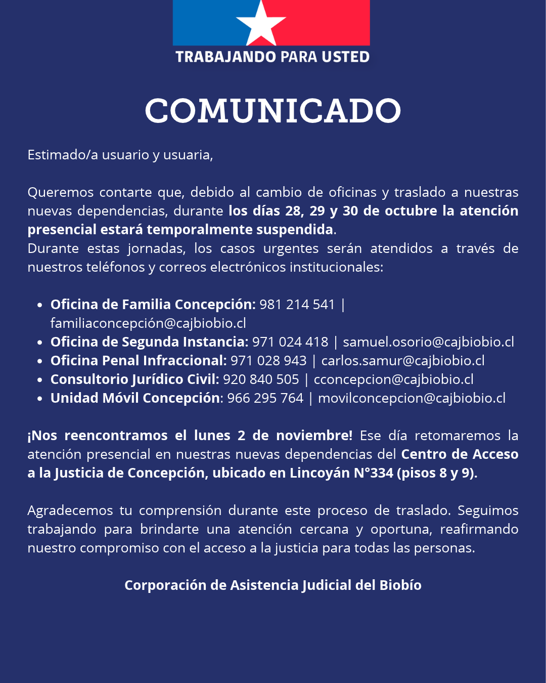 Comunicado: Suspensión temporal de atención presencial Consultorio Provincial Concepción